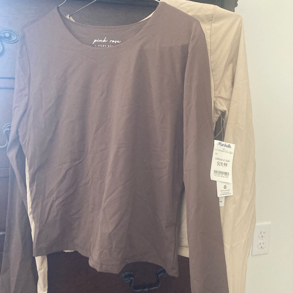 Pink Rose Silky Knit Top in Brown & Tan 2 for $15